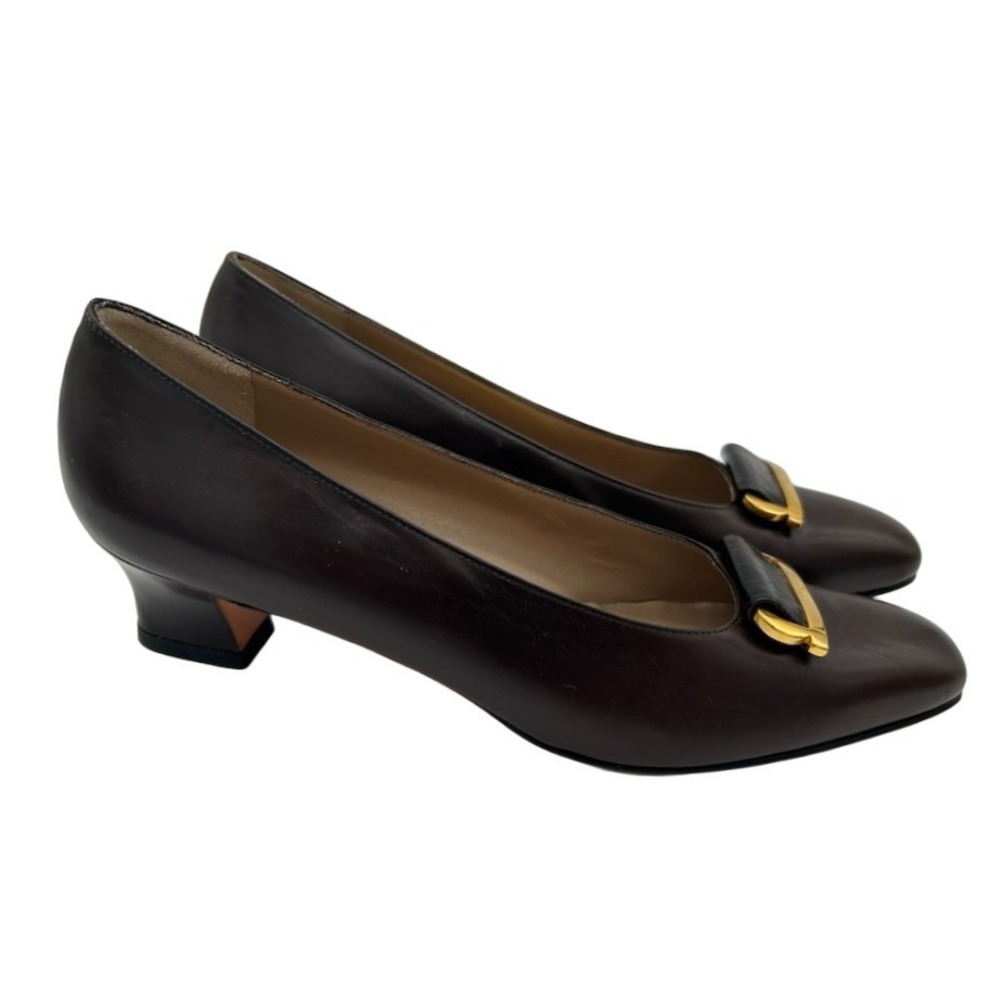 Vintage Salvatore Ferragamo Pumps Women's Size 6.5 AA Brown Leather Gold Buckle - Picture 2 of 6